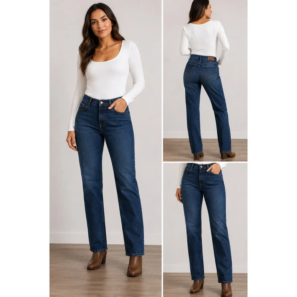 Wrangler Womens High Rise True Straight Jeans Dark Wash Denim 6x32 10MT1STST